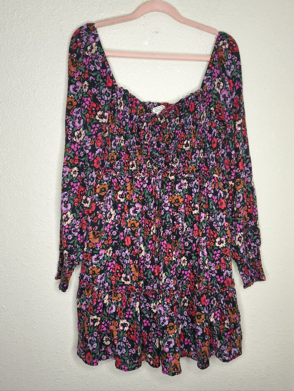 American Eagle Long-Sleeve Smocked Black Floral Mini Dress Size Medium